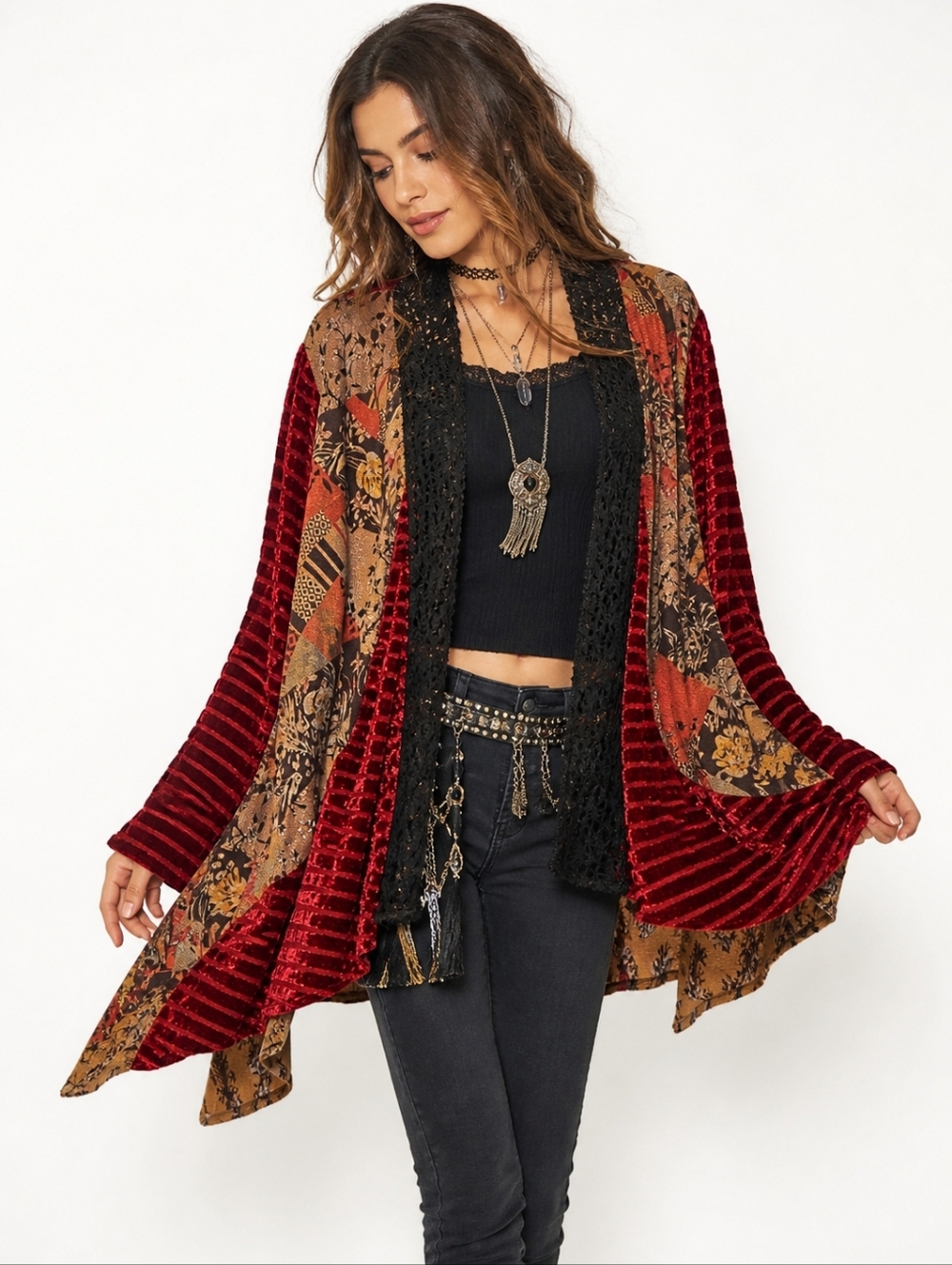Womens XL Red Black Patchwork Velvet Cardigan Boho Festival Y2K Asian